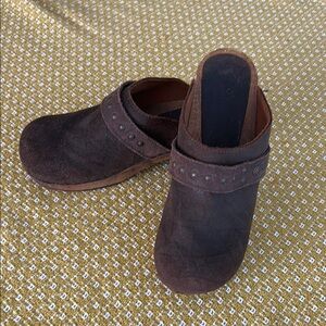 Sanita Brown Suede Clogs with Studded Strap